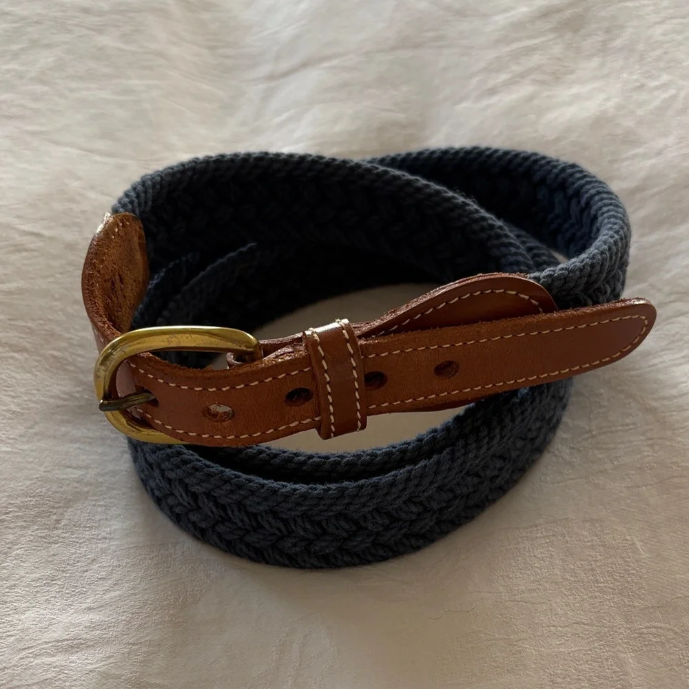 Brooks Brothers Solid Brass Belt Braided Navy Knit Brown Leather Trim 42